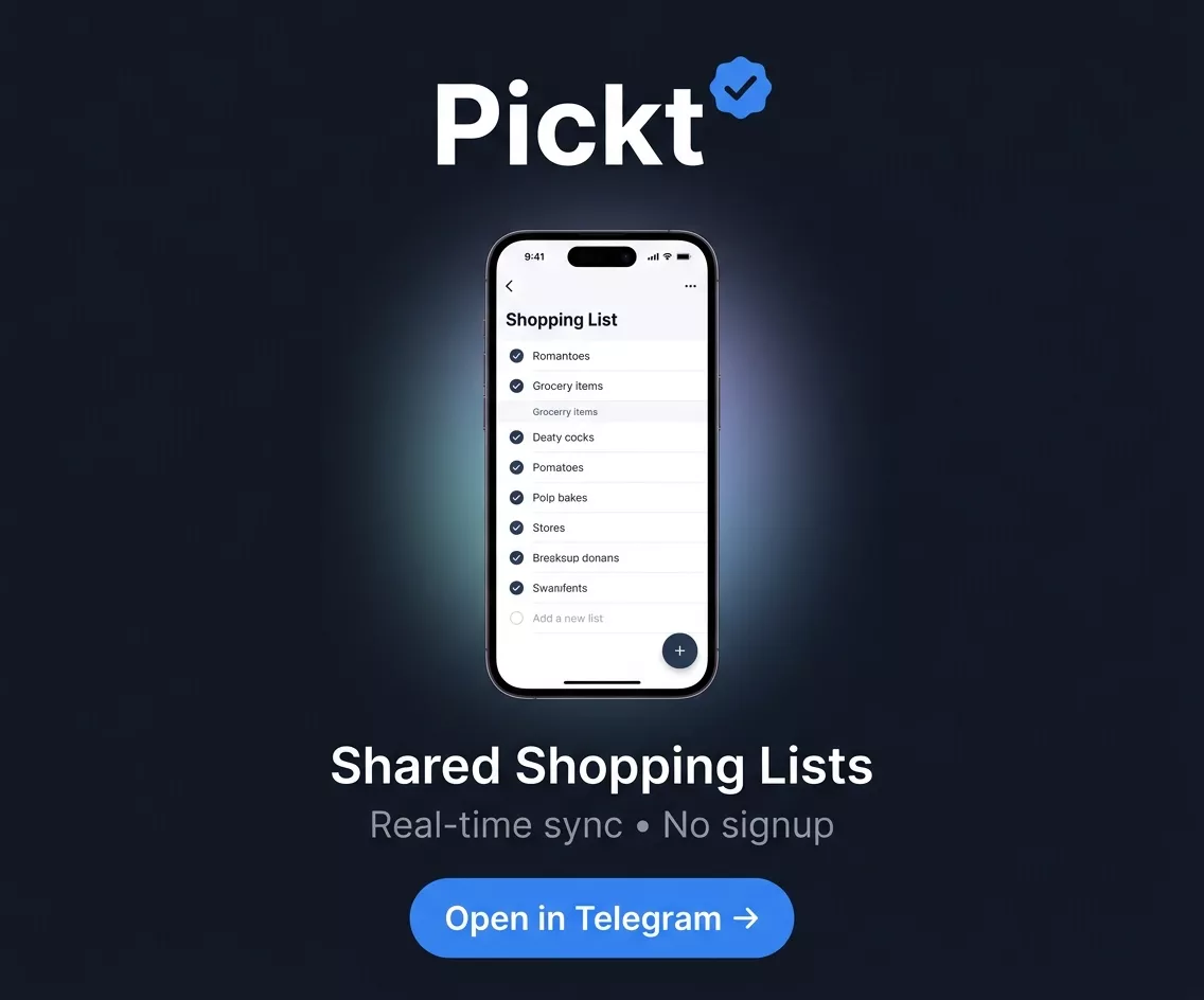 Pickt app banner — shared shopping lists for families and couples via Telegram